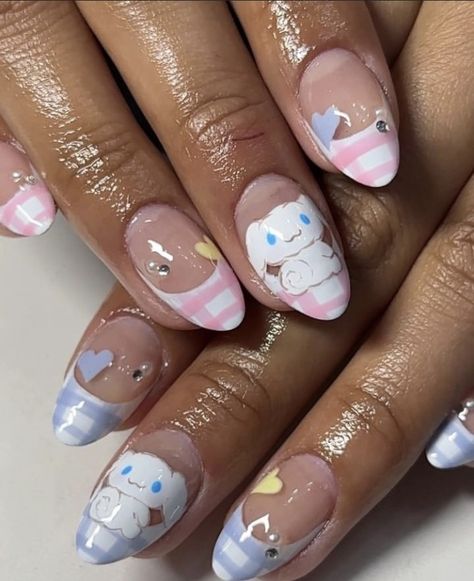 Hello Kitty Cinnamon Roll Nails, Cinnamonroll Sanrio Nail Art, Cinnamoroll Nails Short, Cinnamon Roll Sanrio Nails, Sanrio Nails Short, Cinnamoroll Nail Art, Cinnamon Roll Nails, Kirby Nails, Cinnamoroll Nails