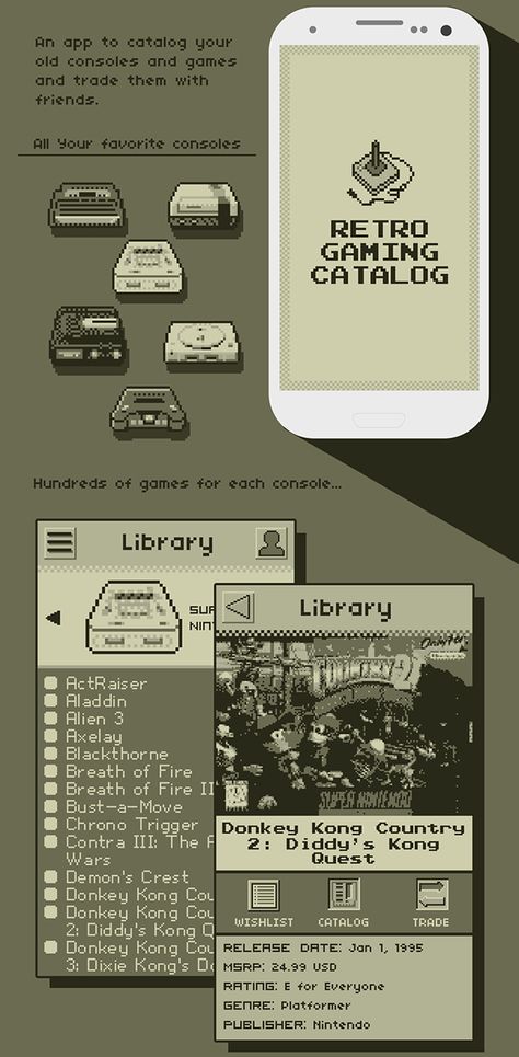 Retro Gaming Catalog App on Behance - WANT! Graphic Design Video Games, Pixel Art Web Design, Pixel Art Ui Design, Game Layout Design, Retro Ui Design, Coding Portfolio, Gaming Portfolio, Game Design Portfolio, Pixel Website