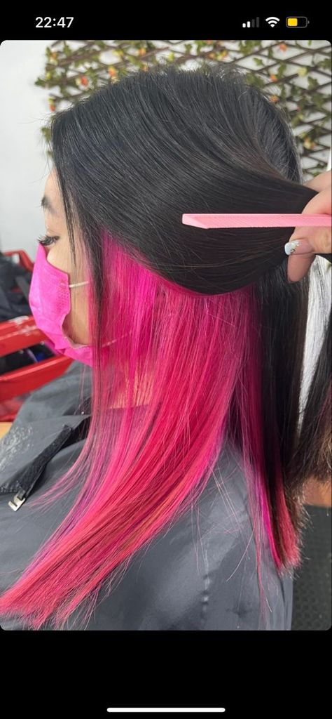 Trendy Underneath Hair Colors for a Bold Update Neon Pink Peekaboo Hair, Hot Pink Hair Dye Ideas, Black Hair With Pink Peekaboos, Black Hair With Hot Pink Underneath, Black With Pink Underneath Hair, Black Hair Pink Underneath, Hot Pink Underneath Hair, Black And Hot Pink Hair, Black Hair With Pink Underneath