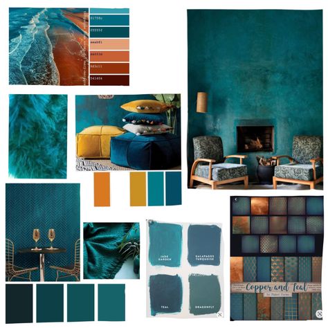 Teal And Gold Interior, Teal Colour Palette Bedroom, Teal Copper Living Room, Teal Living Room Color Scheme, Teal And Gold Living Room, Teal And Copper Bedroom, Teal And Gold Bedroom, Copper Bedroom, Teal Interiors