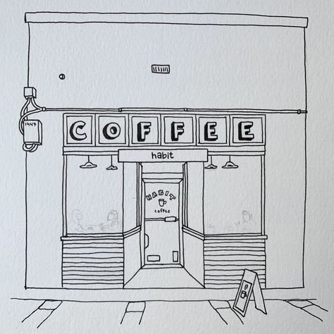 Cafe Shop Drawing Easy, Drawing Of Coffee Shop, Coffee House Drawing, Coffee Shop Drawing Easy, Coffee Shop Sketch Drawings, Cafe Sketch Drawing, Art Coffee Drawing, Coffee Shop Illustration Drawings, Cute Shop Drawing