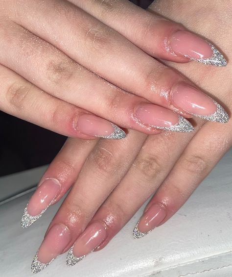 Hair Color Ideas For 21st Birthday, Oval Glitter French Tip Nails, Birthday Nails French Tip Glitter, Silver Glitter French Tip Nails Almond, Almond Glitter French Tip Nails, Sparkling French Tip Nails, Silver Oval Nails, Silver French Tip Nails Almond, Shiny French Tip Nails