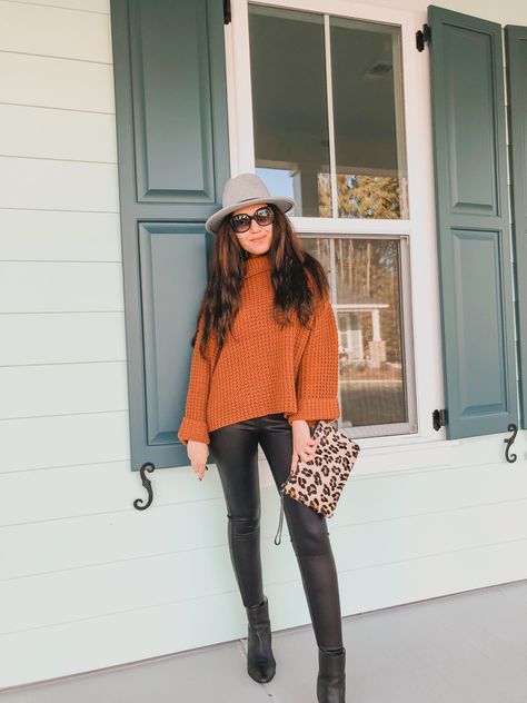 Orange Leggings Outfit, Rust Sweater Outfit, Sweater And Leggings Outfit, Rust Orange Sweater, Sweater And Leggings, Rust Sweater, Sweater Leggings, Orange Leggings, Orange Sweater