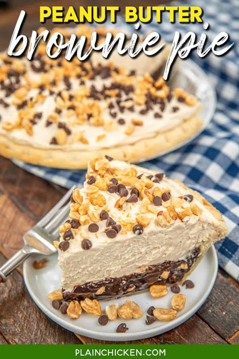 Peanut Butter Brownie Pie Recipe – peanut butter-chocolate lover’s dream! With a fudgy brownie base, creamy peanut butter topping, and a flaky pie crust, it’s the ultimate dessert mashup. Topped with chopped peanuts and mini chocolate chips for extra crunch, this pie is perfect for any sweet occasion. Serve chilled for a deliciously rich treat everyone will love! Brownie Peanut Butter Pie, Peanut Butter Topping, Brownie Pie Recipe, Bunco Ideas, Chocolate Chunk Brownies, Peanut Butter Swirl Brownies, Peanut Butter Brownie, Brownie Pie, Chocolate Peanut Butter Pie