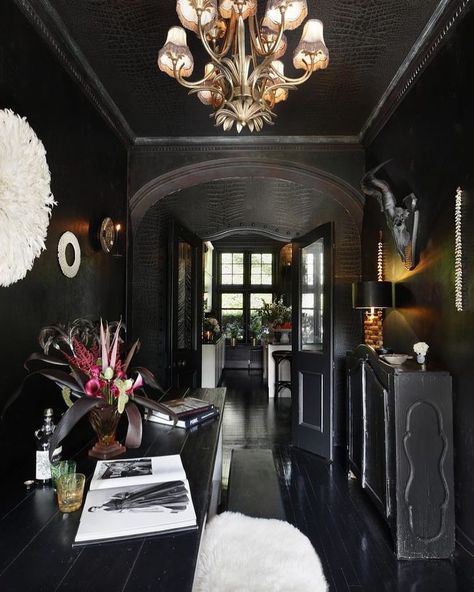 Dramatic and glamorous Manor House dark interior! ❤️Follow @british_decor for more! . . #wolanski #scandinavianstyle #glamour #glamorous… Glam Interior Design, Black Hallway, Moody Lighting, Fur Rugs, Black Rooms, Interior Minimalista, Dark Interiors, Home Modern, Gothic Home Decor