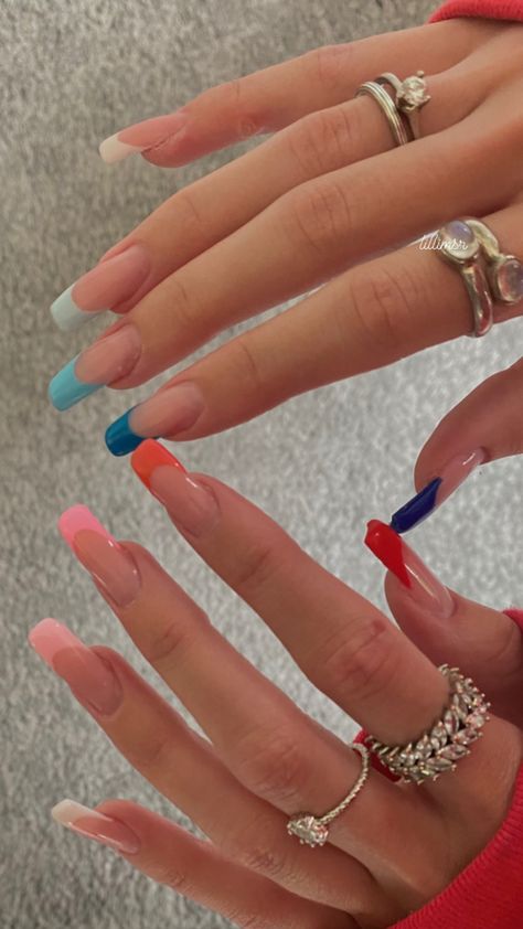 Two Color French Tip Nails Short, Long Colorful Acrylic Nails, Colorful French Nails Square, Cute Vacation Nails Square, Colored French Tip Nails Acrylics Square, Square Colored French Tip Nails, Vacation Nails Aesthetic, Square Acrylic Nails French Tips Color, Trendy Summer Nails Square