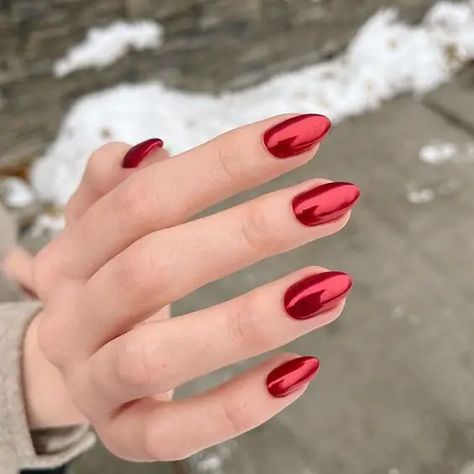 Red Chrome Manicure, Red Chromatic Nails, Red Luminary Nails, Red Nails Acrylic Chrome, Ted Chrome Nails, Red Chrome Dip Powder Nails, Chrome On Red Nails, Red Satin Nails, Pearly Red Nails