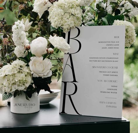 Introducing our modern chic Wedding Bar Menu Sign Template in Karla Collection. This Drink Menu signage features unique typography in minimal design, a statement to elevate your wedding bar to new heights of style and sophistication. Our templates are designed in AU/EU/US/CA standard sizes and ready for printing.  Matching Welcome Sign: https://junestudiodesigns.etsy.com/listing/1517057473 EDITABLE TEMPLATES With this template, you can easily edit my designs yourself using an easy and convenient Menu Signage, Open Bar Wedding, Wedding Bar Menu Sign, Wedding Table Sign, Bar Menu Sign, Black And White Wedding Theme, Bar Signage, Bar Menu Wedding, White Wedding Theme