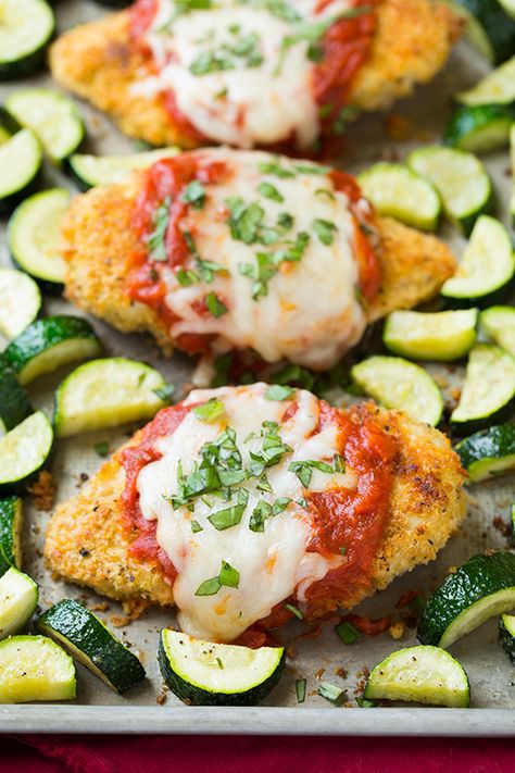 One Pan Chicken Parmesan, Roasted Zucchini, Delicious Veggies, Sheet Pan Dinners Recipes, Low Carb Meal, One Pan Chicken, Pan Dinners, Chicken Parm, Pan Chicken