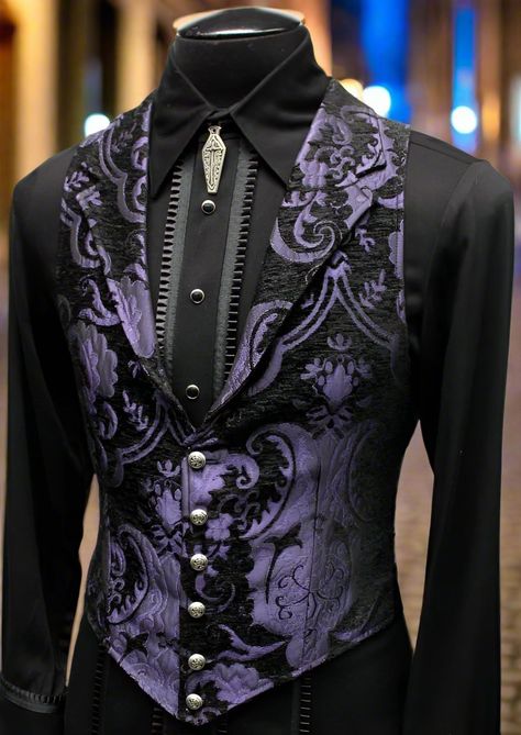 Shrine of Hollywood ARISTOCRAT VEST - PURPLE/BLACK TAPESTRY dark goth gothic Men's Vests purple steampunk vest victorian Masquerade Suits For Men, Red Masquerade Outfit Men, Mens Aristocrat Fashion, Purple Royal Outfit Male, Black And Purple Wedding Suit, Victorian Formal Wear Men, Purple And Black Suits For Men, Gothic Groom Attire, Non Traditional Mens Wedding Attire