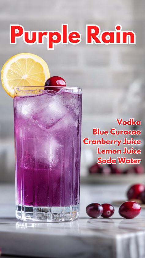 Purple Rain Cocktails Using Vodka, Purple Rain Cocktail, Rain Cocktail, Cranberry Cocktails, Lemon Margarita, Vodka Blue, Vodka Cocktails Easy, Bartender Drinks Recipes, Purple Cocktails