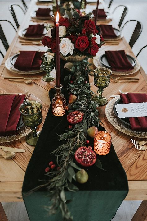 Moody Winter Tablescape, Dark Moody Thanksgiving, Elegant Black Table Setting, Burgundy And Gold Wedding Reception Wedding Table Decor, Edgy Wedding Centerpieces, Velvet Christmas Table Setting, Emerald Plum And Burgundy Wedding, Wine Red Table Setting, Dark Romantic Bridal Shower Ideas