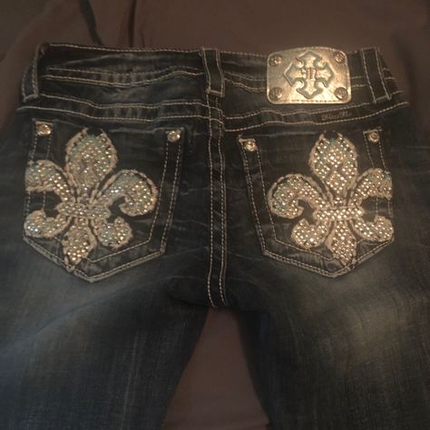 Almost Brand New Miss Me Jeans. Low Rise Jeans Miss Me, Black Miss Me Jeans, Missme Jeans Outfits, Soft Affliction, Early 2000s Clothes, Jeans With Designs, Country Jeans, Miss Mes, Bedazzled Jeans