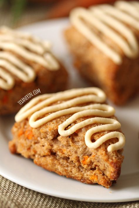 Carrot Cake Scones with Cream Cheese Frosting (100% whole grain, dairy-free) - Texanerin Baking Carrot Cake Scones, Dairy Free Scones, Sweet Scones Recipe, Cinnamon Chip Scones, Lemon Poppy Seed Scones, Dairy Free Bread, Dairy Free Appetizers, Drop Scones, Mary Berry Recipe