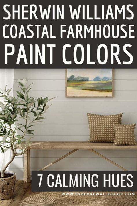 On the hunt for the perfect Sherwin Williams Coastal Farmhouse paint colors? These 7 interior colors are the perfect calming hues for your coastal farmhouse style home. #affiliate | coastal farmhouse decor | whole house paint color palette Beach Farmhouse Paint Colors, Coastal Farmhouse Sherwin Williams, Farmhouse Coastal Paint Colors, Coastal Farmhouse Wall Colors, Coastal Farmhouse Paint Scheme, Coastal Living Room Colors, Coastal Wall Paint Colors, Whole House Color Palette Sherwin Williams, Farmhouse Painting Ideas