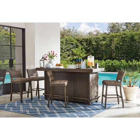 Member's Mark 5-Piece Halstead Outdoor Bar - Sam's Club Outdoor Bar With Umbrella, Outdoor Bar Screened In Porch, Outdoor High Top Table And Chairs, Outdoor Bar Table Ideas, Outdoor Island Bar, Outdoor Mini Bar, Bar On Deck, Outside Bar Ideas, Outdoor Kitchen Table