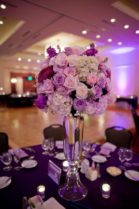 Tall centerpiece with white purple and pink flowers Plum Wedding Decorations, Purple Flower Centerpieces, Cheap Wedding Table Centerpieces, Winter Wedding Centerpieces, Wedding Arbors, Plum Wedding, Tall Wedding Centerpieces, Unique Wedding Flowers, Tall Centerpieces