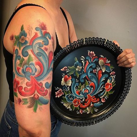 Swedish Tattoos For Women, Rosemal Tattoo, Rosemaling Tattoo, Amy Tattoo, Norwegian Tattoo, Swedish Tattoo, Tattoo Pieces, Scandinavian Tapestry, Scandinavian Tattoo