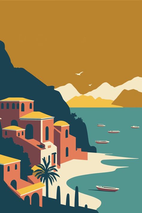 Easy Hair Drawings, Italy Illustration, Italy Positano, Greek Paintings, Positano Italy, Graphic Design Photoshop, Tableau Art, Background Background, A Background