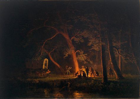 Pioneers around the campfire painting Brother Where Art Thou, Albert Bierstadt, Moonlight Painting, Oil Painting Nature, Graphic Book, Jungle Art, The Last Unicorn, Night Forest, Medieval Fantasy