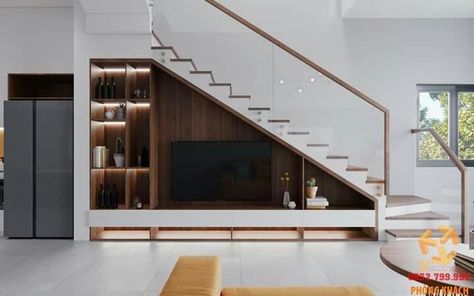 Stairs Tv Unit, Under Stairs Tv Unit, Living Room Under Stairs, Simple House Interior Design, Staircase In Living Room, Office Under Stairs, Stairs Nook, Cabinet Under Stairs, Under Staircase