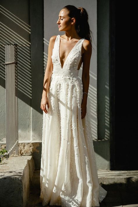 Applique Flower Wedding Dress, V Neck Thick Strap Wedding Dress, Simple Whimsical Wedding Dress, Anthropology Wedding Dress, Comfortable Wedding Dresses, Comfy Wedding Dress, Plunge Neckline Wedding Dress, Textured Wedding Dress, Practical Wedding Dress