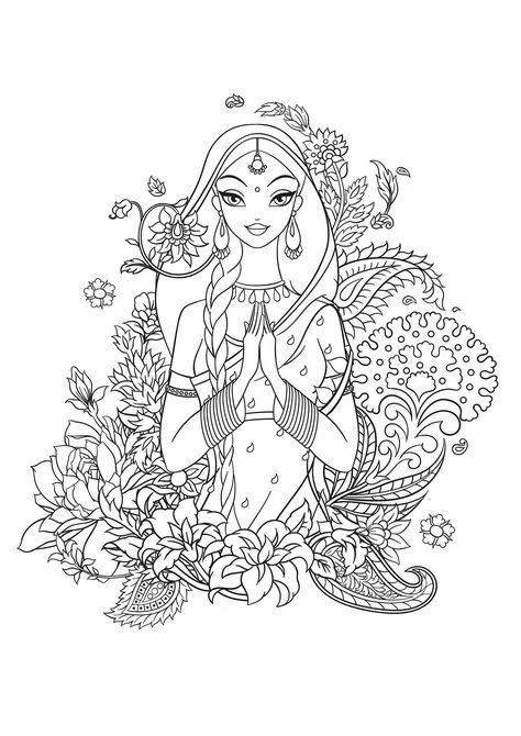 Cultural Women, Drawing Coloring Pages, Aesthetic Coloring Pages, Traditional Ornaments, Screen Free Activities, Easy Coloring, Easy Coloring Pages, Coloring Pages For Girls, Ancient India