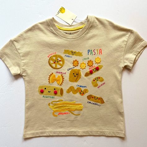 Nwt Mini Boden -- Your Kiddo Will Become An Expert On Types Of Pasta With This Fun T-Shirt Featuring Flutters, Appliques, And Pom Poms On The Smiling Faces Of 11 Different Kinds Of Pasta! This Shirt Is A Huge Hit With Kids Of All Ages! Comfortable Pull-On Style Is 100% Cotton And The Short Sleeves Are Just Right For Three-Season Wear. Warm Machine Wash, Do Not Bleach, Tumble Dry Cold, Warm Iron, Do Not Dry Clean. Size 5/6 Years. Different Kinds Of Pasta, Kinds Of Pasta, Types Of Pasta, Mom Dr, Boden Boys, Applique Tee, Panda Shirt, Rainbow Tee, Smiling Faces