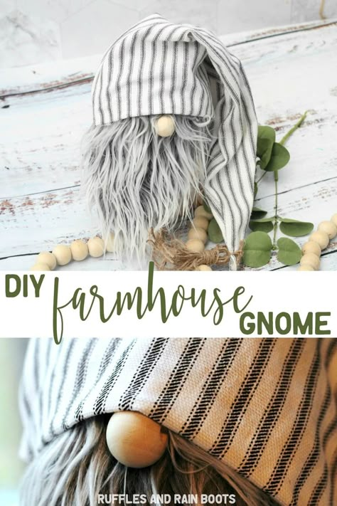 This adorable farmhouse gnome only takes 20 minutes to make and will WOW everyone who sees him. Click to see her easy tutorial and tips - she makes a lot of gnomes. #gnomes #tomte #farmhouse #farmhousedecor #rufflesandrainboots via @momtoelise Gnome Hats, Farmhouse Gnome, Sock Gnomes, Gnome Crafts, Gnome Ideas, Gnome Tutorial, Holiday Gnomes, Gnome Sweet Gnome, Gnomes Diy