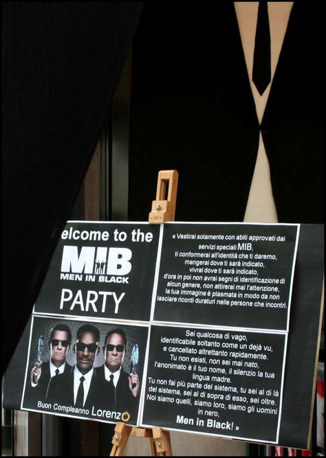 Film The Men in Black Birthday Party Ideas | Photo 2 of 19 | Catch My Party Men In Black Birthday Theme, Men In Black Party Ideas, Mib Birthday Party, Men In Black Theme Party, Men In Black Movie Aesthetic, Diy Men In Black Props, Men Im Black Costume, Teen Boy Party, Men In Black