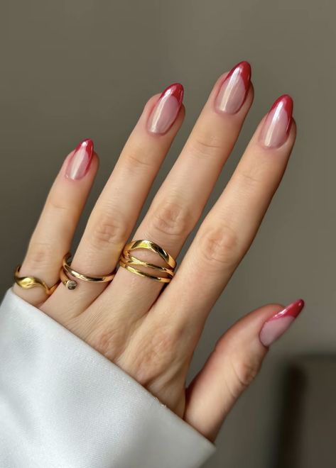 Red Tip Nails With Chrome, Red Chrome Manicure, Cherry Chrome French Tip Nails, Red French Nails With Chrome, Red French Tip Cherry Nails, French Tip Red Chrome, Red Chrome French Nails, Red French Tip Nails With Chrome, Red French Tip Chrome Nails