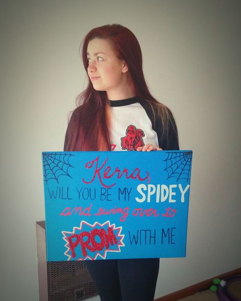 Spiderman Sign, Spiderman Promposal, Creative Prom Proposal Ideas, Sadies Proposal, Cute Hoco Proposals, Homecoming Poster Ideas, Prom Posters, Cute Homecoming Proposals, Cute Prom Proposals