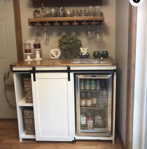 Bar Cart With Mini Fridge, Coffee Bar With Mini Fridge, Drinks Area, Small Wine Fridge, Corner Coffee Bar, Mini Fridge Cabinet, Bar On Wheels, Bar Corner, Fridge Cabinet