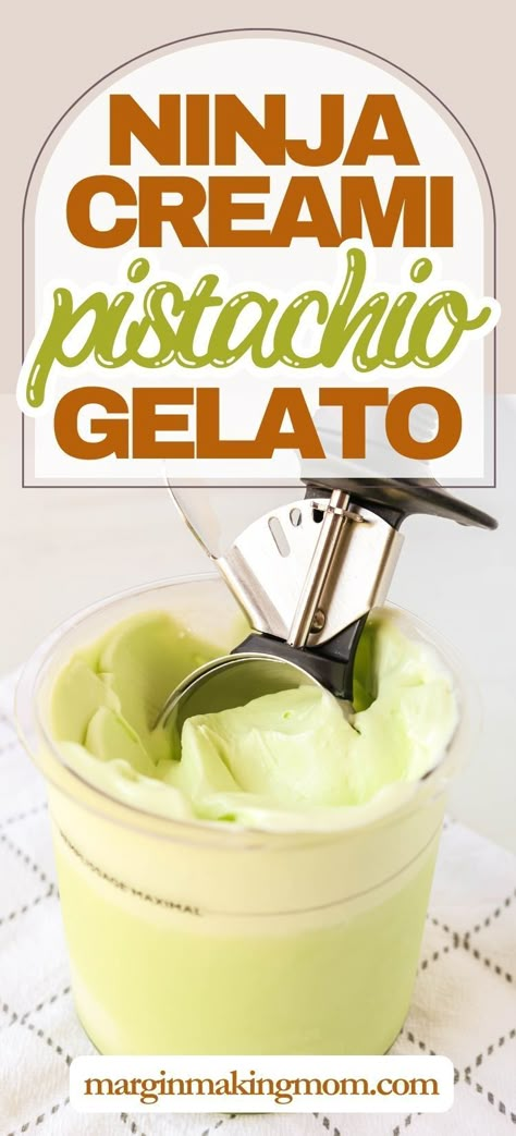 You're going to love this pistachio gelato made in the Ninja Creami machine! This easy recipe uses pistachio pudding mix to create a custard base, which is ultra creamy and delicious! Pistachio Dessert Pudding, Chunky Monkey Ice Cream, Pops Recipes, Chicken Bruschetta, Pistachio Paste, Ninja Ice Cream Recipe, Ice Cream Recipes Machine, Pistachio Dessert, Pistachio Gelato