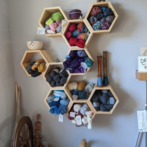 Yarn storage for my new home! Yarn Storage Ideas Wall, Yarn Display Storage, Yarn Storage Ikea Hack, Storage For Yarn, Yarn Shelf Storage, Crochet Yarn Organizer, Organizing Yarn Storage, Yarn Cake Storage, Yarn Wall Storage Ideas