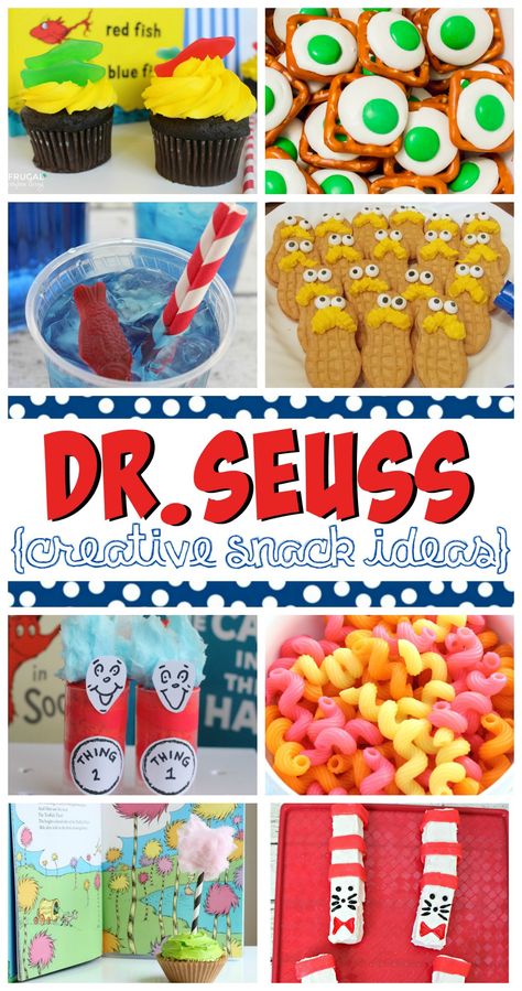 Dr. Seuss Snacks plus Creative Dr. Seuss Printables and Recipes. Are you getting ready for your Dr. Seuss celebration on March 2nd? Maybe a Dr. Seuss themed birthday? This round-up has everything you need.  #drseuss #crafts #recipes #printables #catinthehat Dr Seuss Birthday Party Ideas Food, Dr Seuss Treats, Creative Snack Ideas, Dr. Suess, Dr Seuss Snacks, Doctor Suess Birthday, Dr Seuss Activities, Dr Seuss Crafts, Dr Seuss Birthday Party