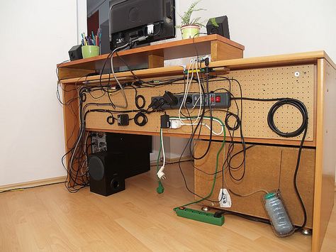 One way to organize when there are a bunch of cords - attach a piece of pegboard to back of desk (or wall unit) Kids Homework Station, Diy Computer Desk, Studio Desk, Cord Storage, Computer Room, Cord Management, Diy Desk, Home Office Setup, Home Organization Hacks