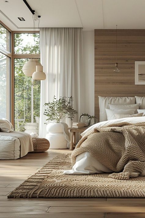 Natural Materials Bedroom, Natural Interior Design Bedroom, Spa Vibe Bedroom, Timeless Bedroom Design, Earthy Luxury Bedroom, Modern Neutral Bedroom Decor, Neutral Bedroom Decor Earth Tones, Bedroom With Big Windows, Modern Beach Bedroom