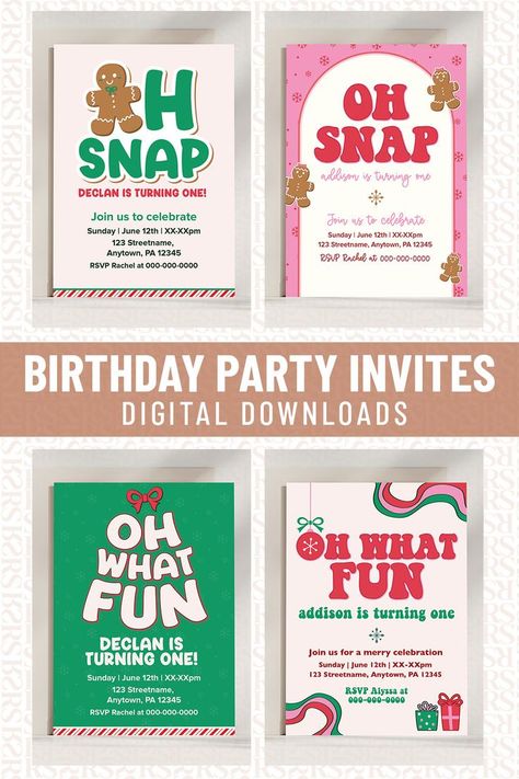 birthday party theme ideas with a christmas holiday party theme | Digital download templates | Oh Snap Gingerbread Theme | Oh What Fun Christmas Present Party Invite Ideas, Oh What Fun Christmas, Gingerbread Theme, Winter Invitations, Oh What Fun, Oh Snap, Best Christmas Presents, Winter Birthday, Fun Christmas