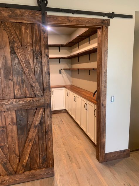 Ikes barn door Small Walk In Pantry Barn Door, Barndominium Pantry Ideas, Barn Door Pantry Kitchens, Pantry Barn Door Ideas, Pantry With Barn Door, Western Home Ideas, Pantry Barn Door, Country Pantry, Pole Barn Homes Interior