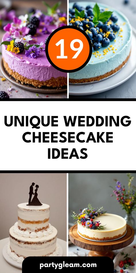 Impress your guests with these 19 unique wedding cheesecake ideas that are sure to be the highlight of your dessert table! From delicious blackberry to refreshing blueberry cheesecakes, each option brings a special twist to the traditional wedding cake. Consider exciting formats like a tiered wedding cheesecake or a rustic cheese wedding cake for an added element of elegance. Perfect for every palate, these flavors and presentations will ensure everyone at your celebration is raving about your dessert choices! Cheesecake Wedding Cake Ideas Simple, Tiered Cheesecake Wedding, Cheesecake Decoration Design, Wedding Cheesecake Display, Cheesecake Wedding Cake Ideas, Tiered Cheesecake, Decorate A Cheesecake, Wedding Cheesecake Ideas, Wedding Cake Cheesecake