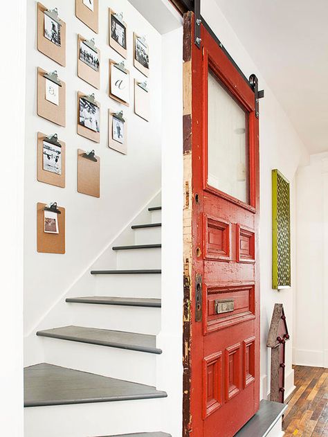 Spotlight the Entrance...using a door to slide ( like a barn door) to cover a stairway will help with heating and cooling costs Clipboard Wall, Salvaged Door, Diy Staircase, Cottage Renovation, Old Cottage, Small Hallways, White Room, Vintage Cottage, Barn Door Hardware