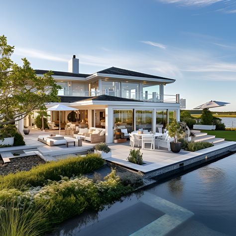 Big Beach Mansion, Landscape Ideas Beach House, Homes On The Water, Water Front Home, Luxury Beach House Aesthetic, Big Beach House Exterior, Fancy Beach House, Luxury Beach House Exterior, Dream Beach Houses The Ocean