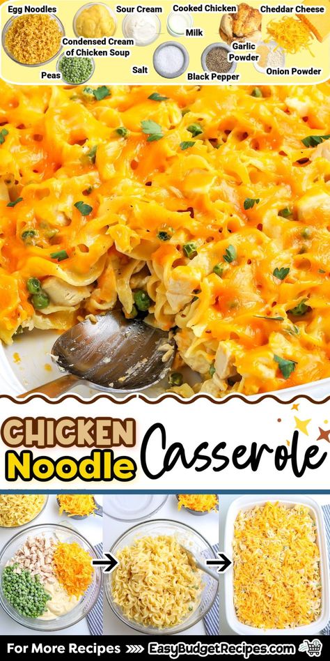 There’s comfort in every bite with this Chicken Noodle Casserole. Tender chicken, hearty noodles, and creamy goodness make for a satisfying classic reimagined. For more easy comfort food recipes follow easybudgetrecipes.com! Chicken Noodle Hotdish, Best Chicken And Noodles Recipe, Chicken And Noodles Recipe Easy, Chicken Noodle Casserole Recipes, Chicken Noodle Casserole Easy, Chicken Noodle Bake, Easy Comfort Food Recipes, Chicken And Egg Noodles, Chicken Noodle Casserole Recipe