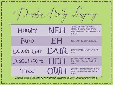 a summary of Dunstan's baby language! This is incredible and it works!!! Dunstan Baby Language, Baby Language, Newborn Baby Tips, Baby Sounds, Baby Advice, Baby 2, Baby Crying, Newborn Care, Baby Time