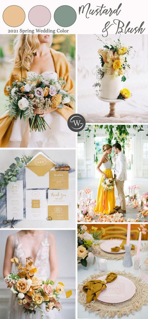 spring wedding color ideas for mustard and blush Color Schemes Spring, Mustard Wedding, Glittery Wedding, Wedding Color Schemes Spring, Blush Wedding Colors, Wedding Color Scheme, Wedding Color Palettes, Wedding Themes Spring, Wedding Color Combos