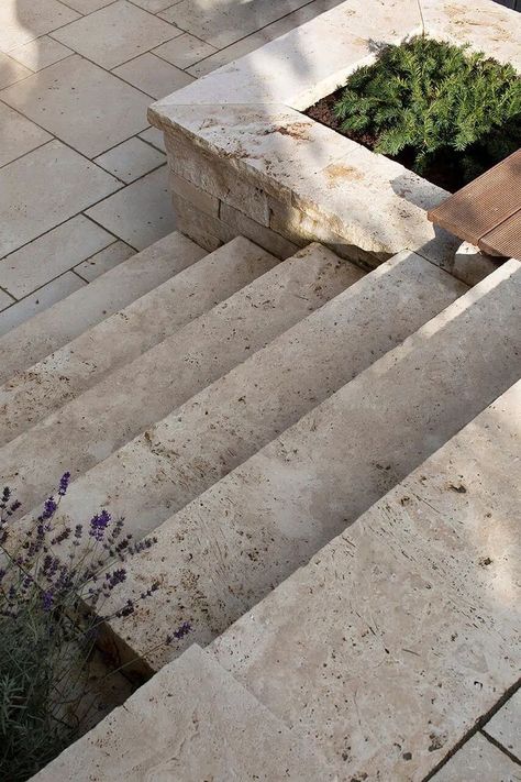 Travertine Exterior House, Mediterranean Backyard Ideas, Travertine Steps, Travertine Stairs, Italian Patio, Travertine Patio, Pantry Door Ideas, Landscape Steps, Travertine Outdoor