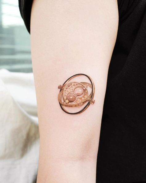 Harry Potter Tattoo Sleeve, Memento Mori Tattoo, Harry Tattoos, Hp Tattoo, Time Turner, Movie Tattoo, Harry Potter Tattoos, Harry Potter Tattoo, Cute Tattoos For Women