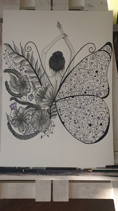 A commission Contact me via email or DM to order your own special art piece. The butterfly is one of nature’s most perfect examples of change, transformation, and growth. Because of this, it has long been the subject of magical folklore and legend in a variety of societies and cultures. Yoga Butterfly Art, Butterfly Transformation Drawing, Butterfly Growth Drawing, Growth Drawing Inspiration, Human Butterfly Drawing, Transformation Art Ideas, Butterfly Transformation Tattoo, Butterfly Woman Art, Transcendental Art