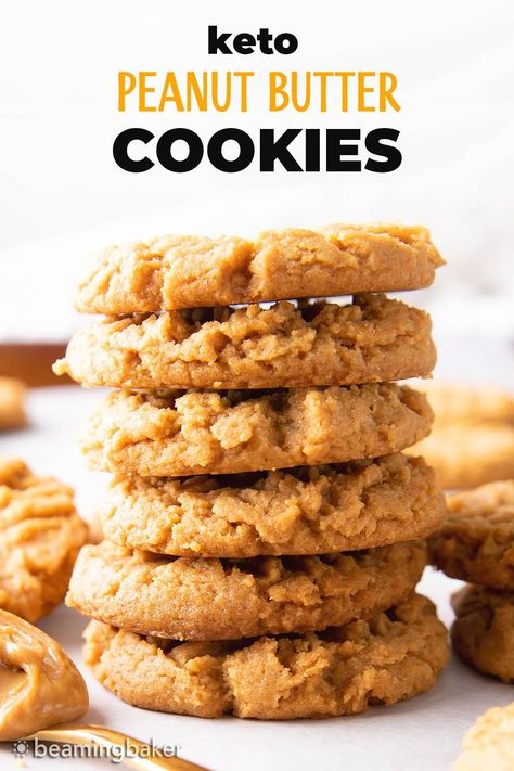 An easy recipe for Keto Peanut Butter Cookies with crisp edges, sweet peanut butter flavor, and just 2 Net Carbs! | Recipe at BeamingBaker.com Low Carb Peanut Butter Cookies, Breakfast Baking, Peanut Butter Dip, Keto Peanut Butter Cookies, Keto Granola, Keto Baking, Keto Peanut Butter, Clean Keto, Easy Peanut Butter Cookies